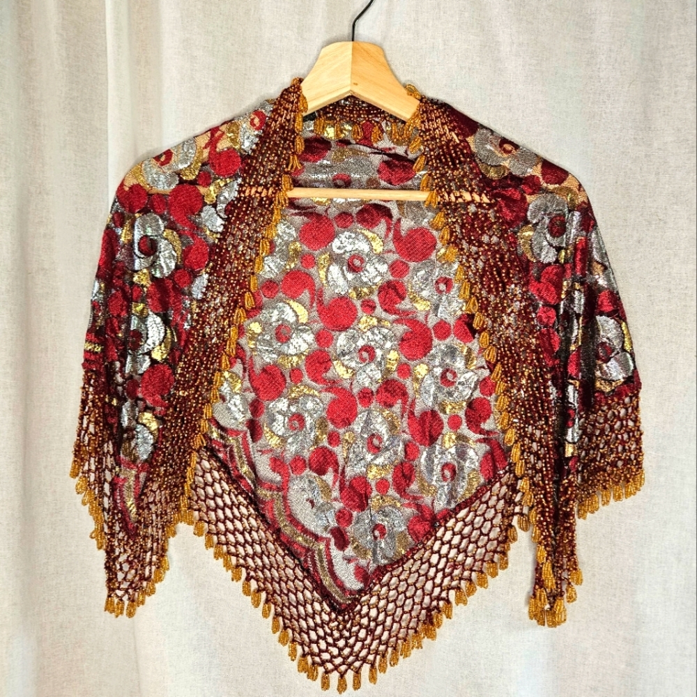 Vintage metallic red gold and silver hand-beaded triangle shawl scarf